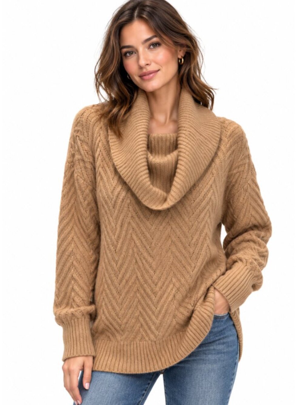 Nordstrom Signature 100% Cashmere Cowl Neck Chevron Sweater NWOT Tan Large Chic
